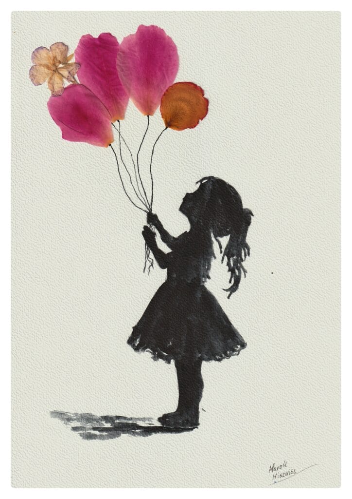 dziewczynka wznoszaca kwiaty w gore jak balony